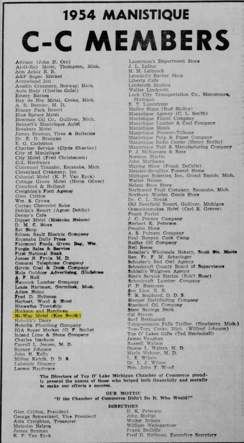Hi-Way Motel - Sat May 7 1955 Chamber Of Commerce Listing